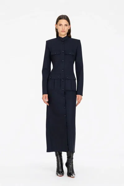 Les Filles D'eva Padded-shoulders Flap-pockets Dress In Blue