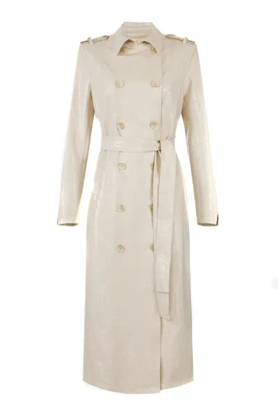 Elisabetta Franchi Croc-embossed Coat Featuring Belted Waist In White