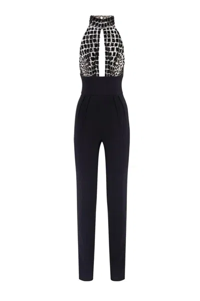 Elisabetta Franchi Black Jumpsuit With Embroidered Bodice And Halterneck In Tech Fabric Stretch Woman In Black