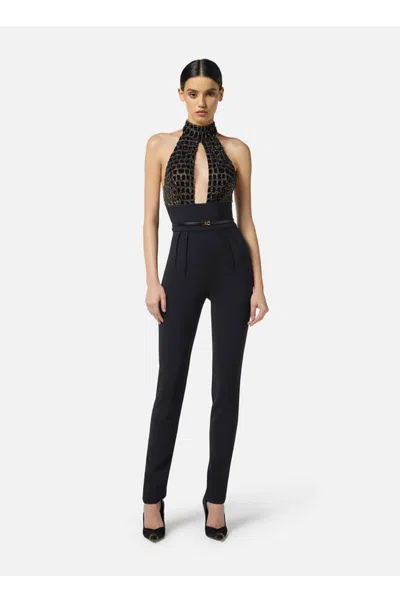 Elisabetta Franchi Black Jumpsuit With Embroidered Bodice And Halterneck In Tech Fabric Stretch Woman In Black