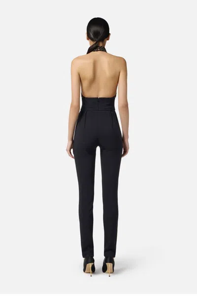 Elisabetta Franchi Black Jumpsuit With Embroidered Bodice And Halterneck In Tech Fabric Stretch Woman In Black