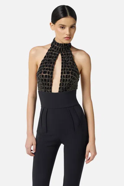 Elisabetta Franchi Black Jumpsuit With Embroidered Bodice And Halterneck In Tech Fabric Stretch Woman In Black