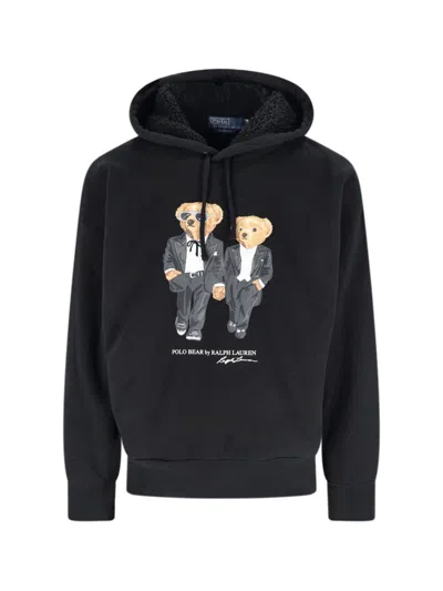 Polo Ralph Lauren Hooded Sweatshirt Featuring Bear Graphic And Ribbed Cuffs In Black