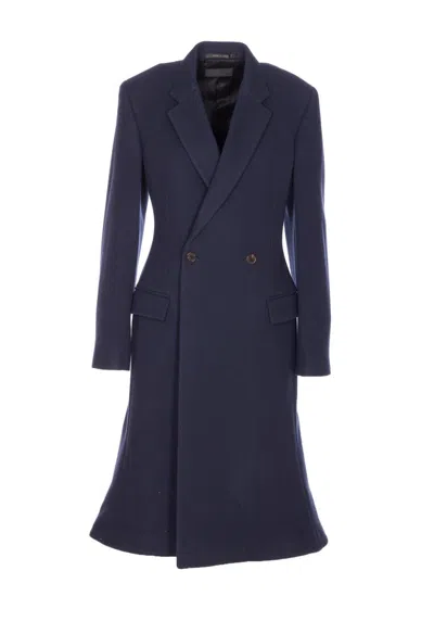 Balenciaga Women Godet Midi Double-breasted Wool Coat In Blue