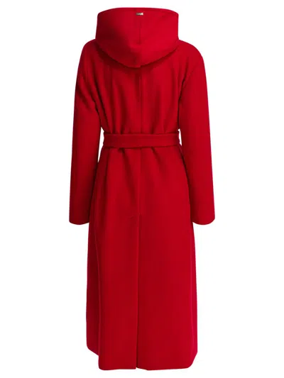 Herno Hooded Belted Double-breasted Coat In Red