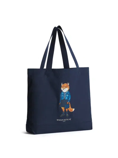 Maison Kitsuné Navy Blue Canvas Shopping Bag In Blue