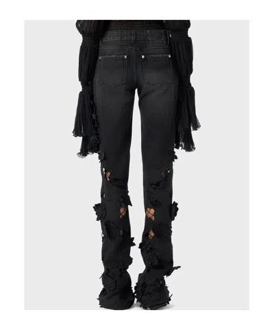 Blumarine Straight Trousers With Distressed Floral Appliqué In Black