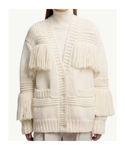 Moncler Grenoble Fringe Trim Wool Blend Cardigan In White