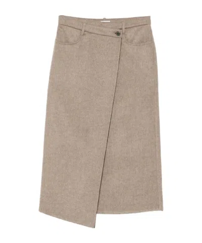 Brunello Cucinelli Asymmetric Brushed-wool Midi Wrap Skirt In Neutral