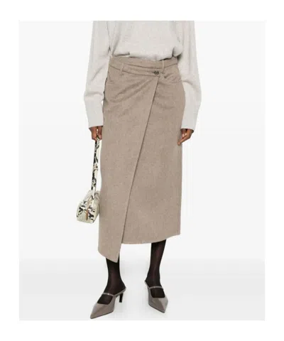 Brunello Cucinelli Asymmetric Brushed-wool Midi Wrap Skirt In Neutral