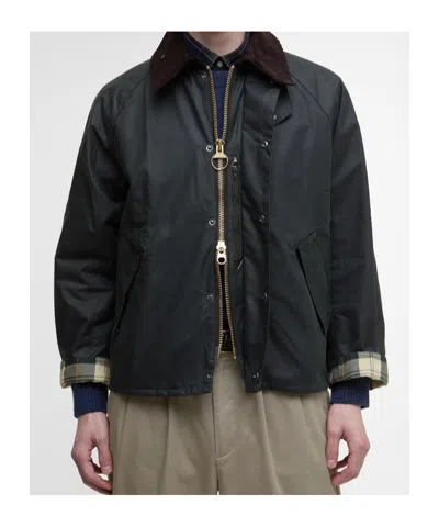 Barbour Mens Sage Modified Transport Check-lined Waxed-cotton Jacket In Green