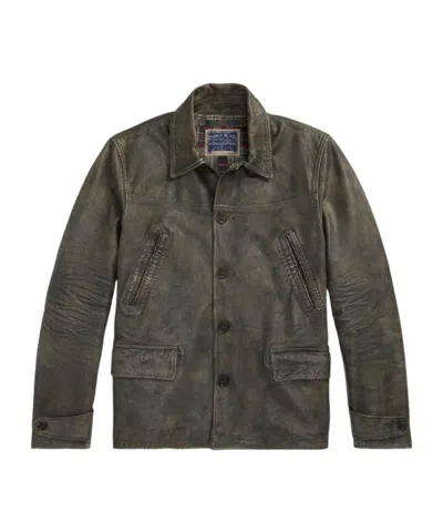 Rrl Distressed Leather Button-up Jacket In Brown