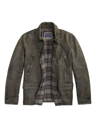 Rrl Distressed Leather Button-up Jacket In Brown