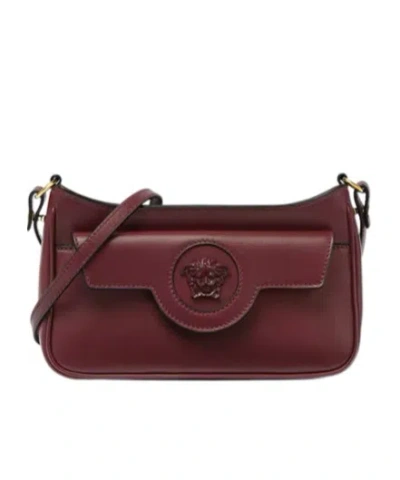 Versace Small La Medusa Leather Shoulder Bag In Burgundy