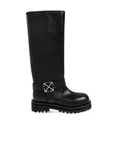 Off-white Logo-plaque Round-toe Biker Boots In Black