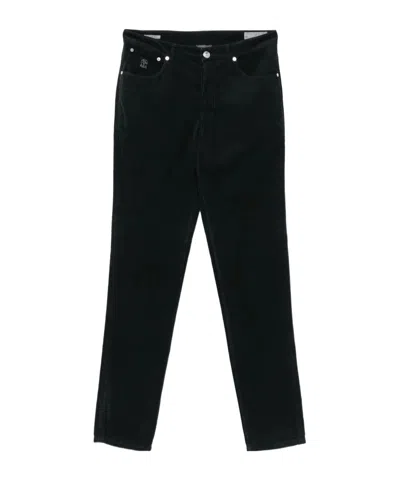 Brunello Cucinelli Italian Fit Trousers In Navy Blue Cotton Corduroy In Black
