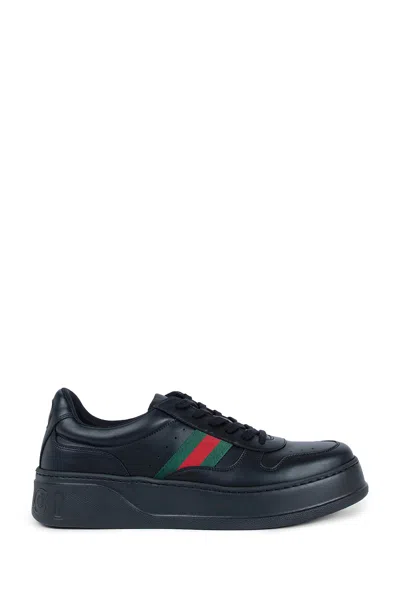 Gucci Men Black Sneakers With Web Detail And Oversized Sole In Leather Man In Black