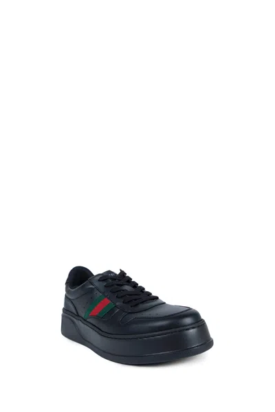 Gucci Men Black Sneakers With Web Detail And Oversized Sole In Leather Man In Black