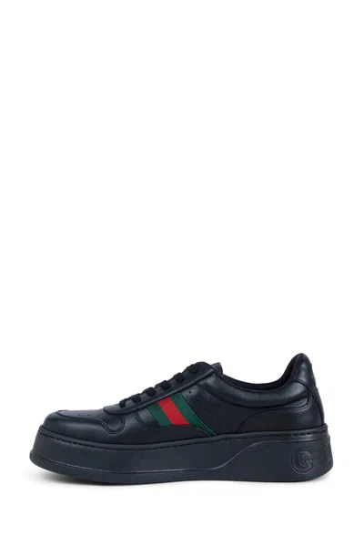 Gucci Men Black Sneakers With Web Detail And Oversized Sole In Leather Man In Black