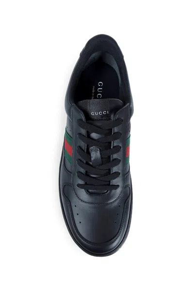 Gucci Men Black Sneakers With Web Detail And Oversized Sole In Leather Man In Black