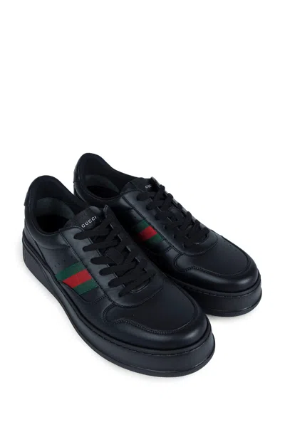 Gucci Men Black Sneakers With Web Detail And Oversized Sole In Leather Man In Black