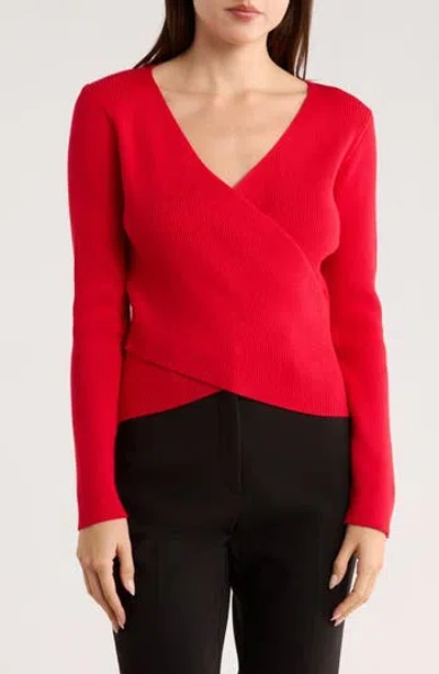 Patrizia Luca Solid Faux Wrap Sweater In Red