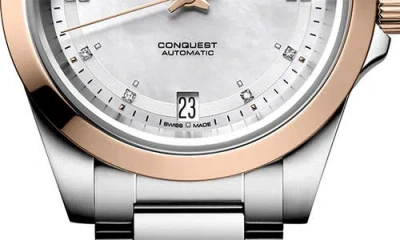 Longines Conquest 18k Rose Gold Bezel, Mother-of-pearl & Diamond Automatic Bracelet Watch, 34mm In Metallic