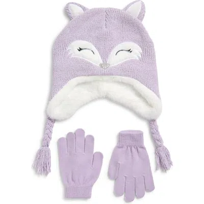 Capelli New York Kids' Happy Fox Earflap Hat & Gloves Set In Purple