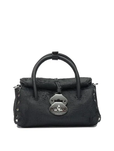 Zanellato Structured Black Hammered Leather Bag With Twist Lock Closure In Black