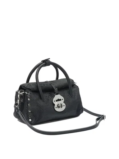 Zanellato Structured Black Hammered Leather Bag With Twist Lock Closure In Black