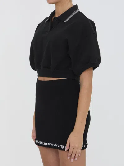 Alexander Wang Cropped Cinched Cotton Polo In Black