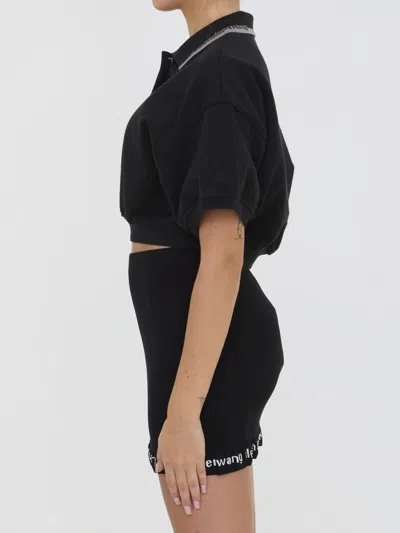 Alexander Wang Cropped Cinched Cotton Polo In Black
