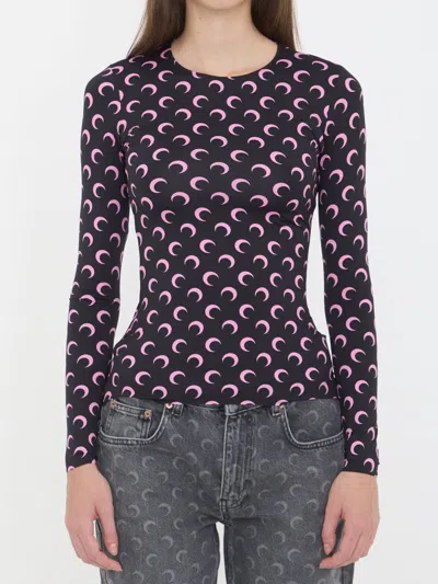 Marine Serre Moon Printed Jersey Long Sleeve Crewneck Top In Black