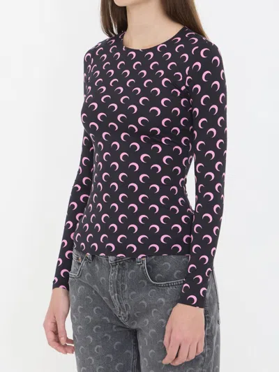 Marine Serre Moon Printed Jersey Long Sleeve Crewneck Top In Black