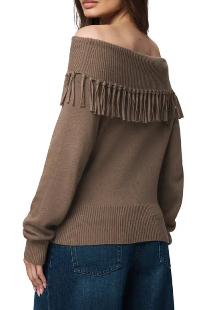 Splendid Simone Fringe Off The Shoulder Sweater In Brown