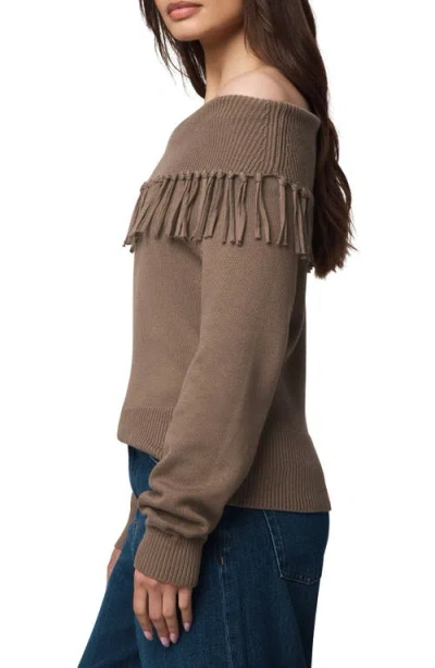 Splendid Simone Fringe Off The Shoulder Sweater In Brown