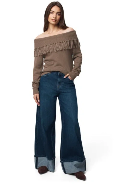 Splendid Simone Fringe Off The Shoulder Sweater In Brown