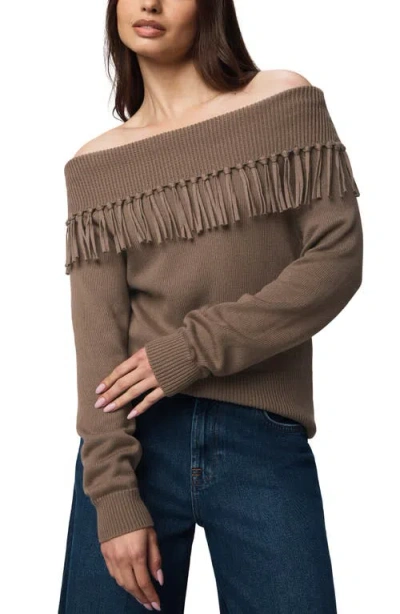 Splendid Simone Fringe Off The Shoulder Sweater In Brown