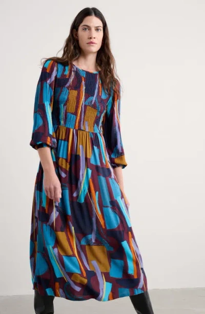 Seasalt Cornwall Meadowsweet Geo Print Smocked Midi Dress In Blue