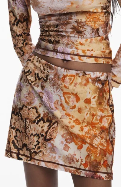 Desigual Textured Floral Pull-on Miniskirt In Orange