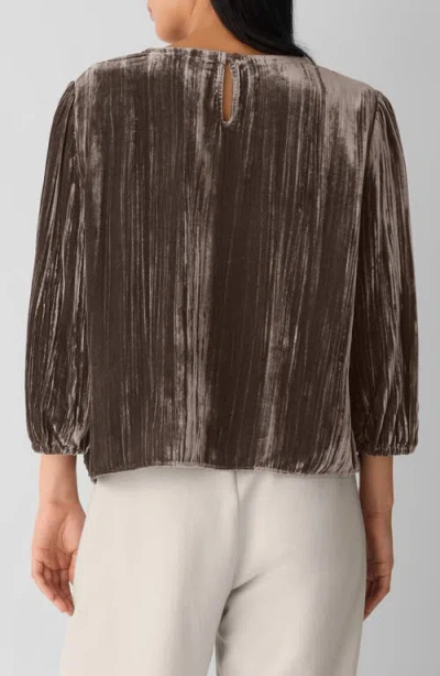 Eileen Fisher Crushed Velvet Round Neck Bubble Sleeve Top In Brown