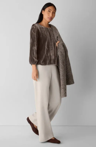 Eileen Fisher Crushed Velvet Round Neck Bubble Sleeve Top In Brown