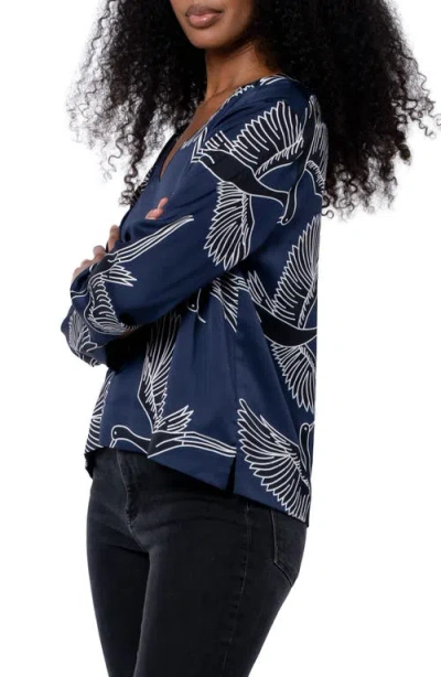 Ciebon Jones Bird Print V-neck Top In Blue