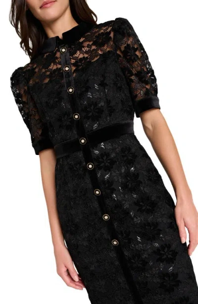 Tahari Asl Metallic Lace & Velvet Shirtdress In Black