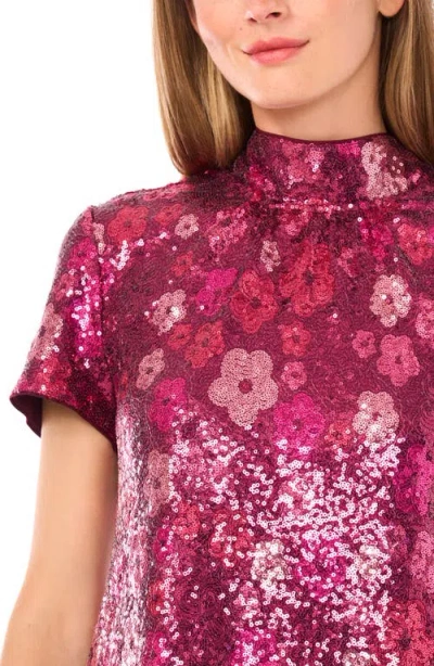 Cece Sequin Flower Mock Neck Top In Pink