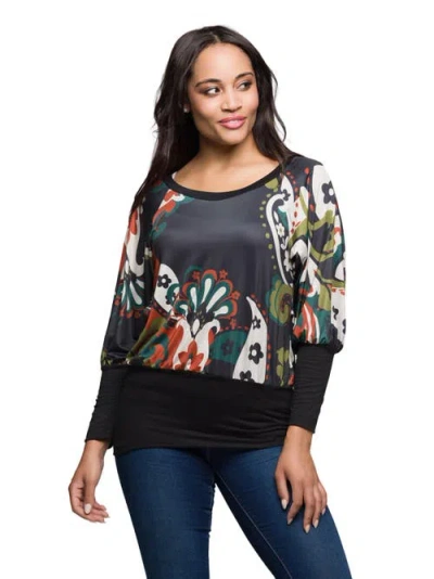 24seven Comfort Apparel Women's Paisley Multicolor Print Dolman Sleeve Banded Top In Black