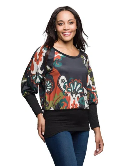 24seven Comfort Apparel Women's Paisley Multicolor Print Dolman Sleeve Banded Top In Black