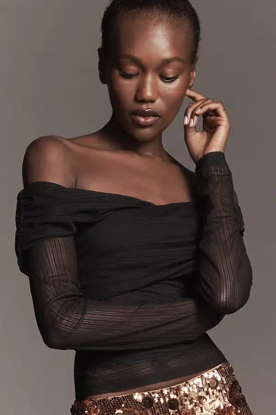 Sovere / Cascade Long-sleeve Off-shoulder Mesh Top In Black