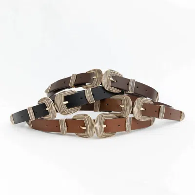 Leto Women's Double Buckle Vegan Leather Western Belt In Black In Multi