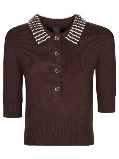 Pinko Emilia Blend Sweater With Rhinestones In Brown